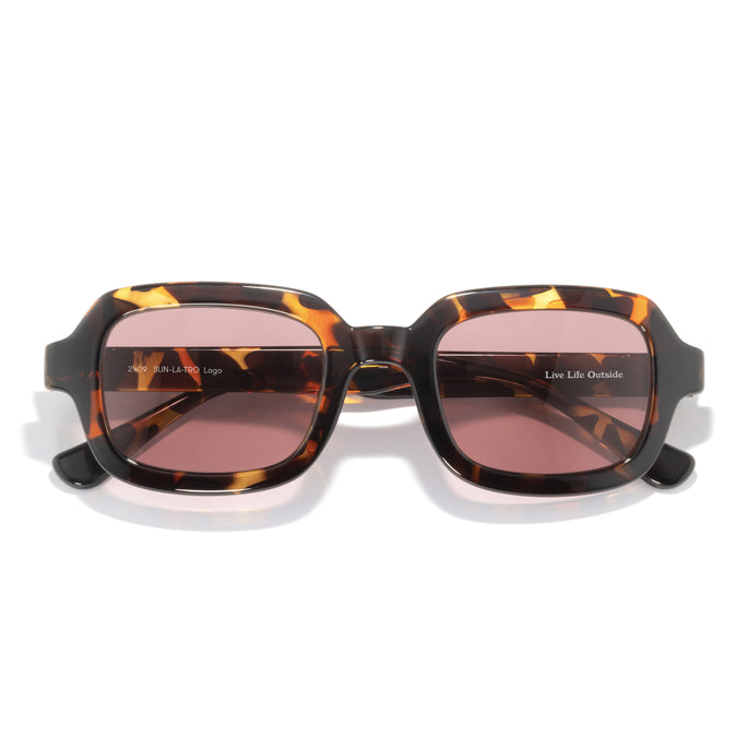 Lago - Tortoise Rose Lo-Light - Sunglasses with tortoiseshell frame and pink lenses on a white background