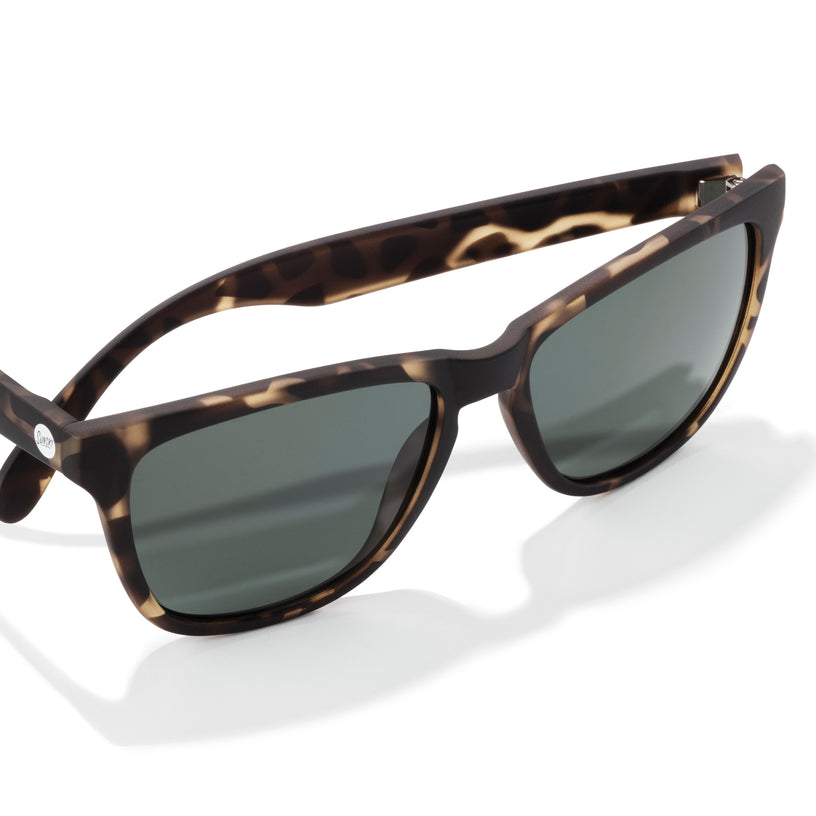 Sunglasses with tortoiseshell frame and dark lenses on a white background