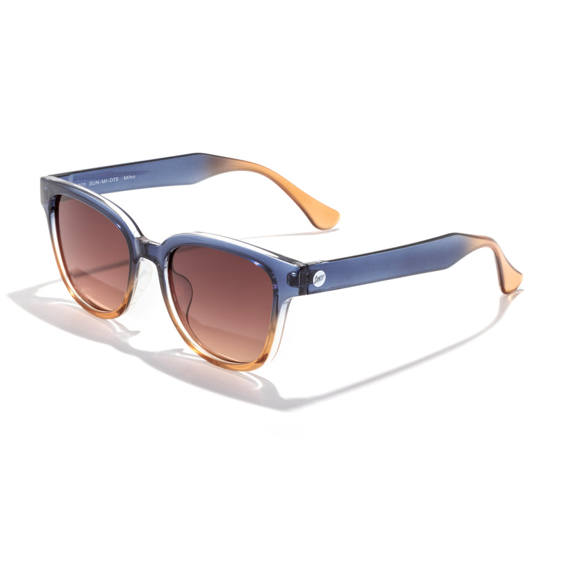 Sunglasses with blue and brown gradient lenses on a white background