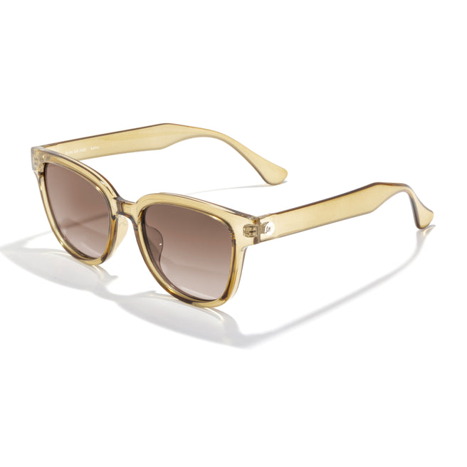 Gold-framed sunglasses with brown gradient lenses on a white background