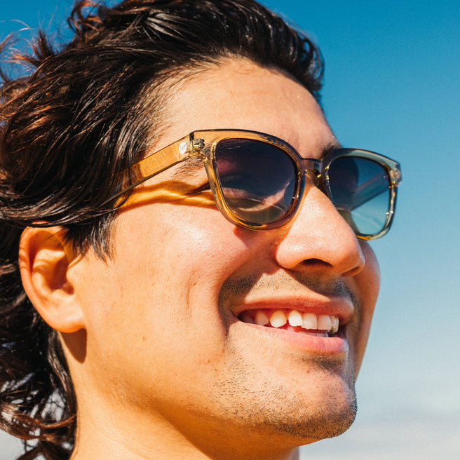 Man wearing sunglasses with a clear blue sky background