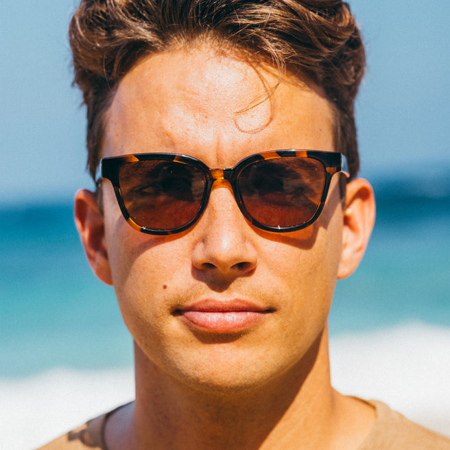 Man wearing sunglasses with a beach background