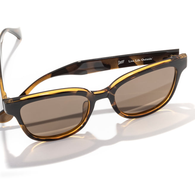 Sunglasses with tortoiseshell frame and brown lenses on a white background