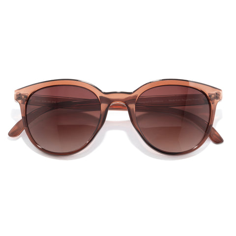 Brown sunglasses with a clear frame on a white background