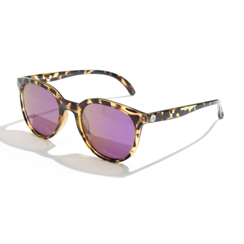 Sunglasses with tortoiseshell frame and pink lenses on a white background