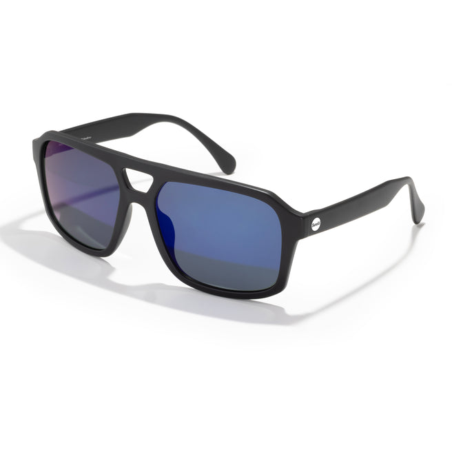 Black sunglasses with blue lenses on a white background