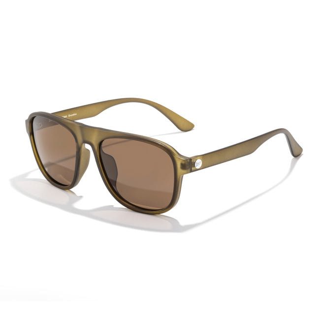 Brown sunglasses with a reflective surface on a white background