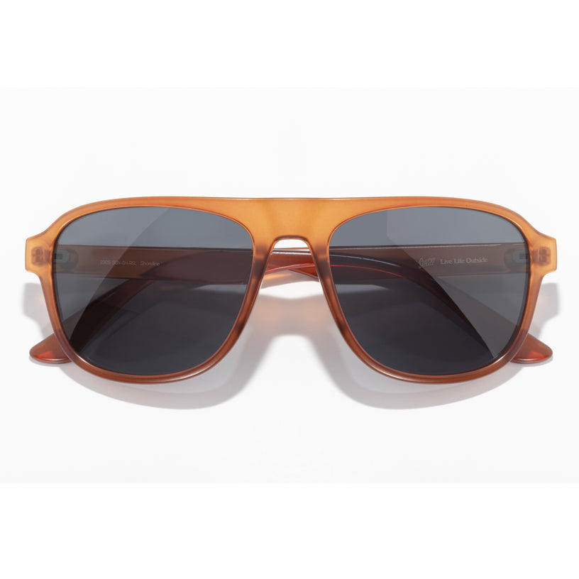 Sunglasses with brown frame and dark lenses on a white background