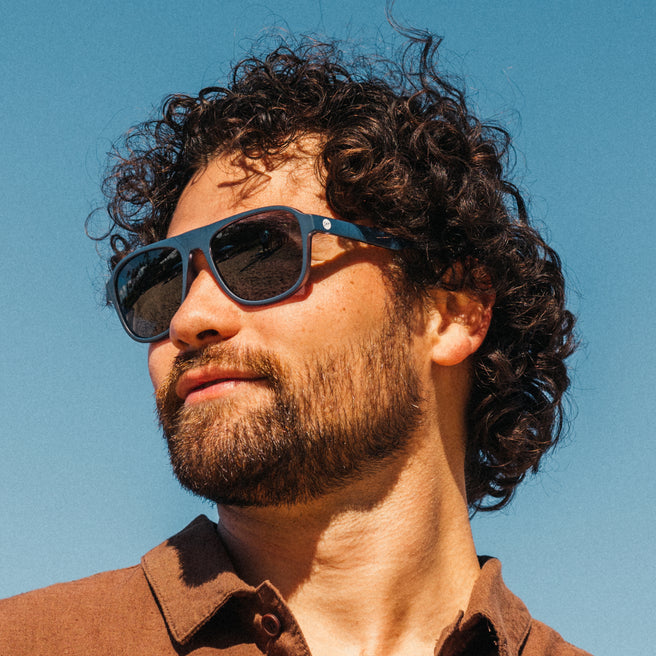 Man wearing sunglasses with a clear blue sky background