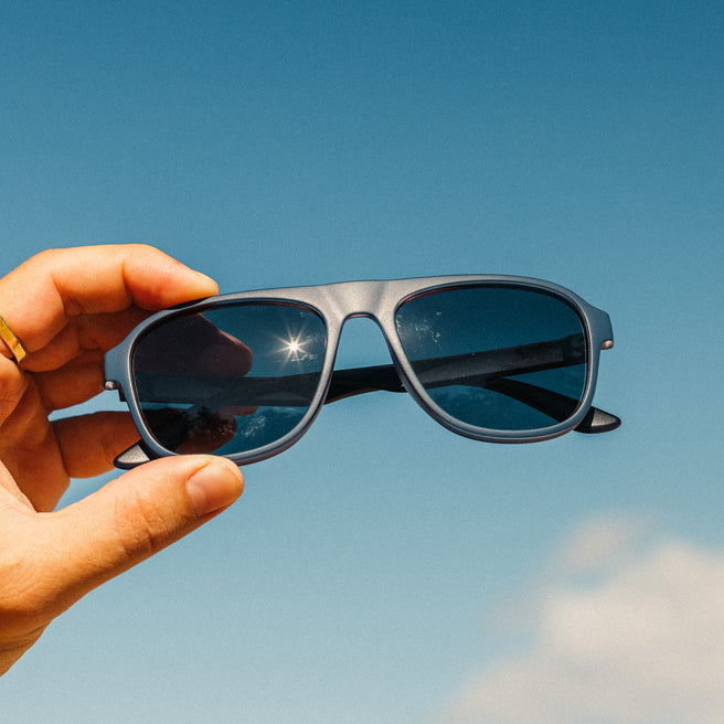 Sunglasses held against a clear blue sky