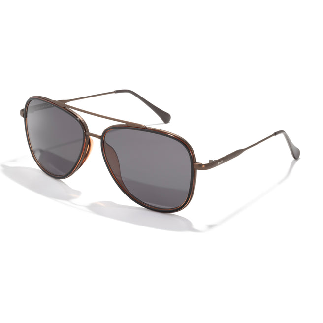Sunglasses with brown frame and dark lenses on a white background