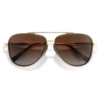 Aviator sunglasses with gold frame and brown gradient lenses on a white background