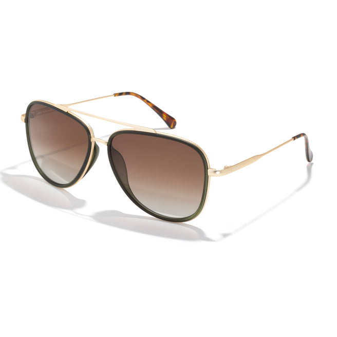 Sunglasses with gold frame and brown gradient lenses on a white background