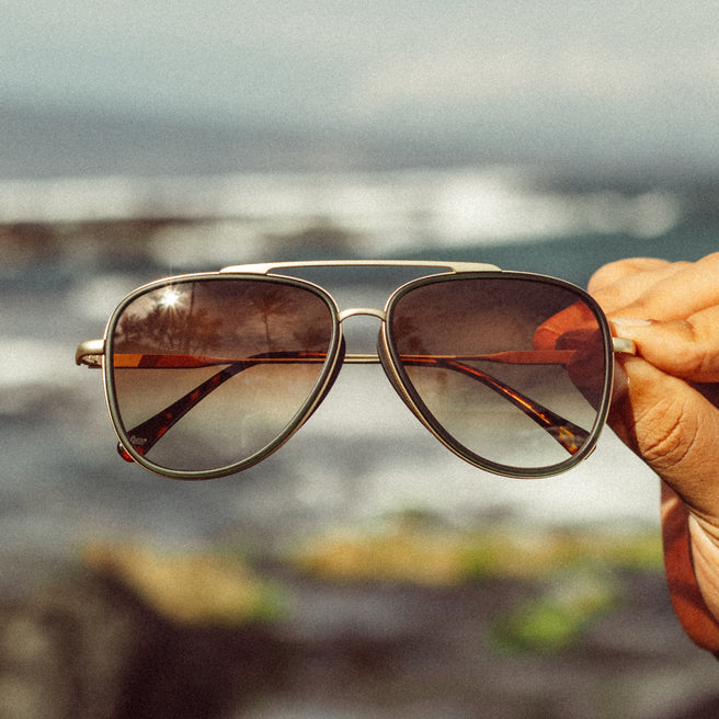 Aviator sunglasses held up with a blurred coastal background