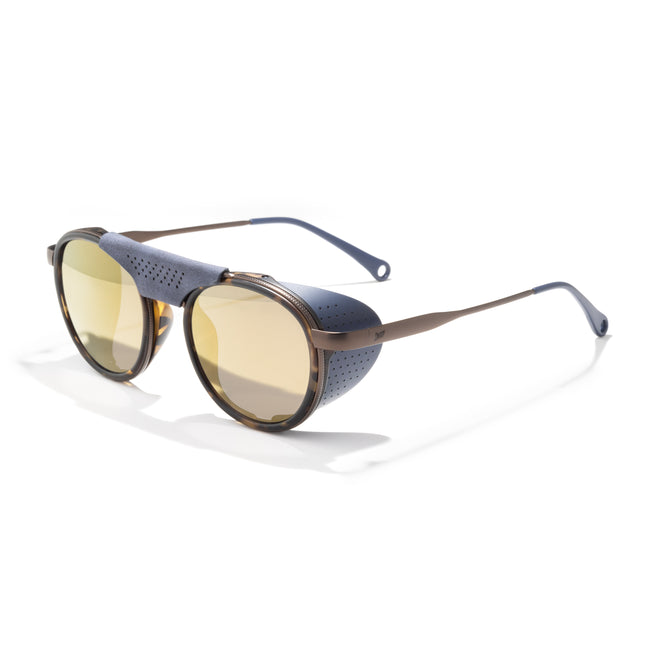 Sunglasses with gold lenses and blue frame on a white background