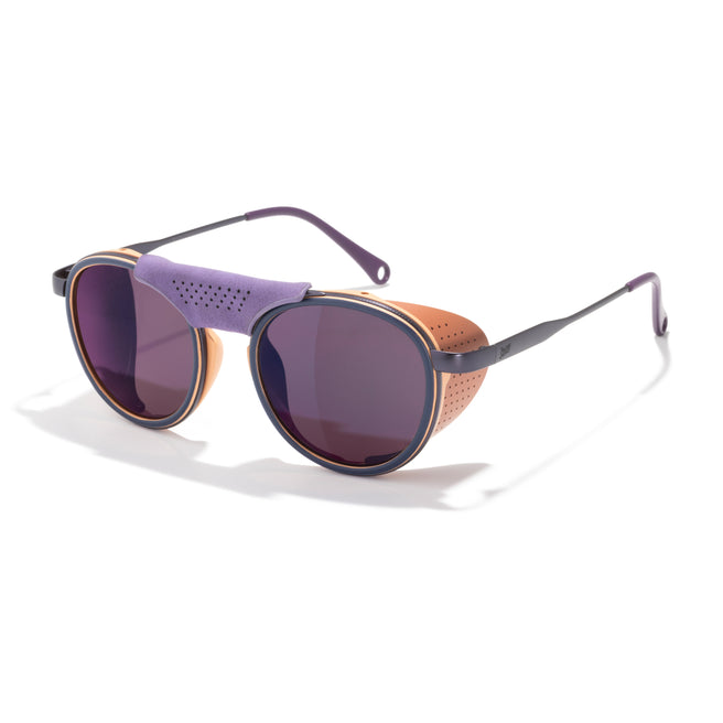 Sunglasses with purple frame and dark lenses on a white background