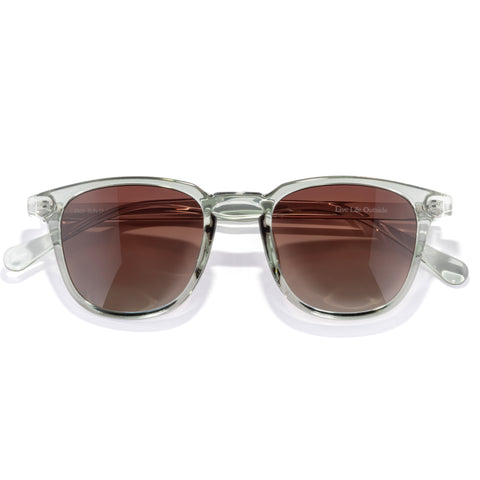 Sunglasses with clear frame and brown lenses on a white background