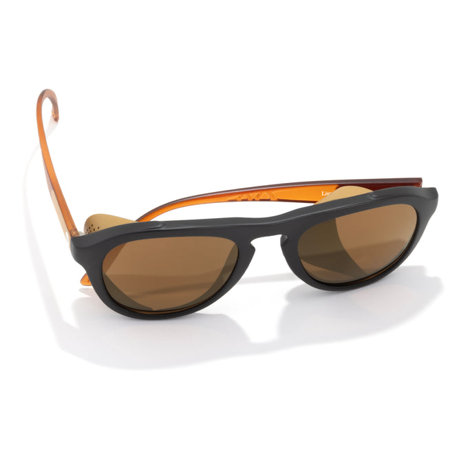 Sunglasses with brown lenses and wooden accents on a white background