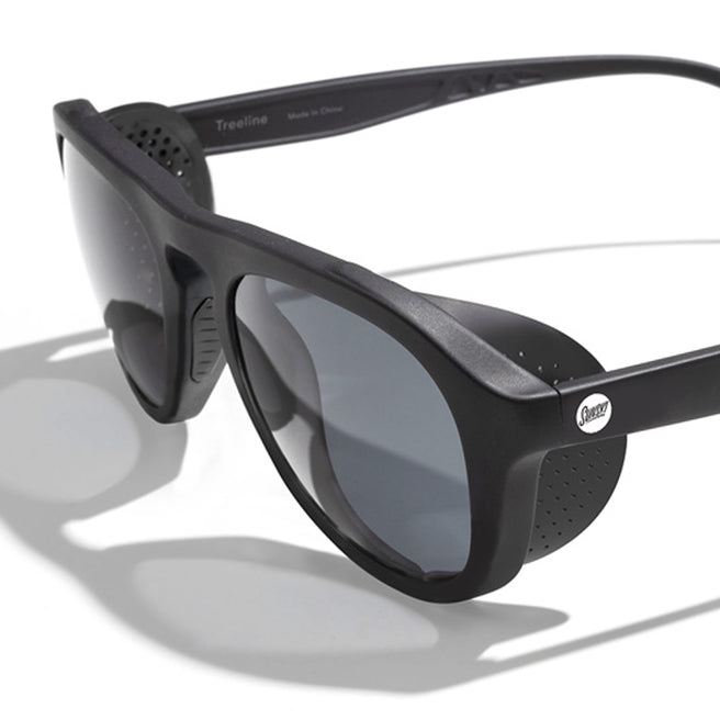 Black sunglasses with a brand logo on a white background