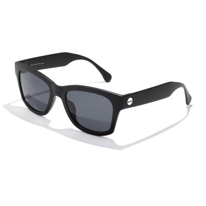 Black sunglasses with dark lenses on a white background