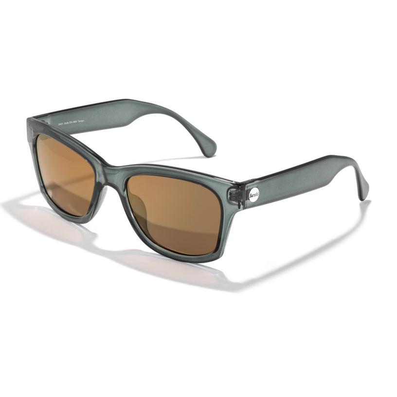 Sunglasses with brown lenses and gray frame on a white background