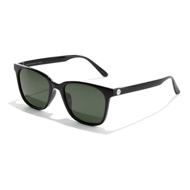 Black sunglasses with green lenses on a white background
