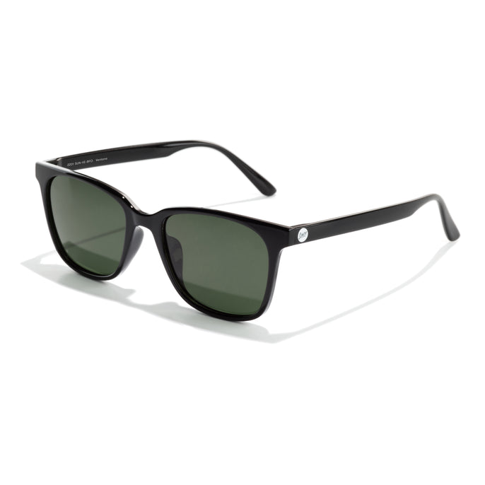 Black sunglasses with green lenses on a white background