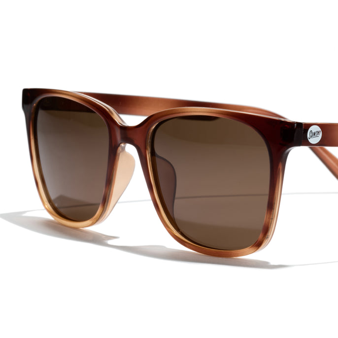 Brown sunglasses with a tortoiseshell frame on a white background