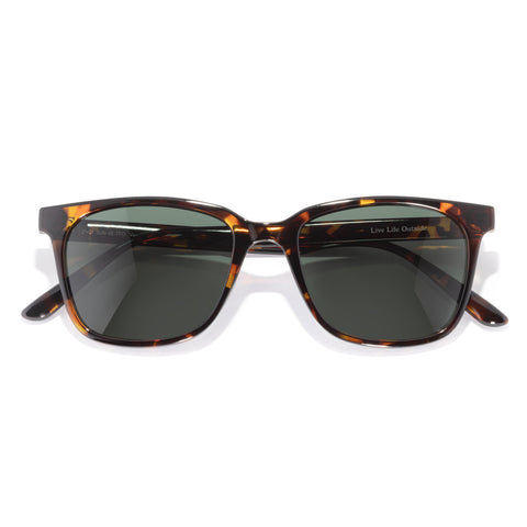 Sunglasses with tortoiseshell frame and dark lenses on a white background