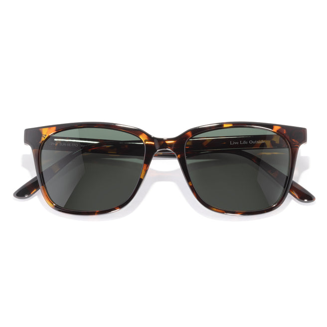 Sunglasses with tortoiseshell frame and dark lenses on a white background