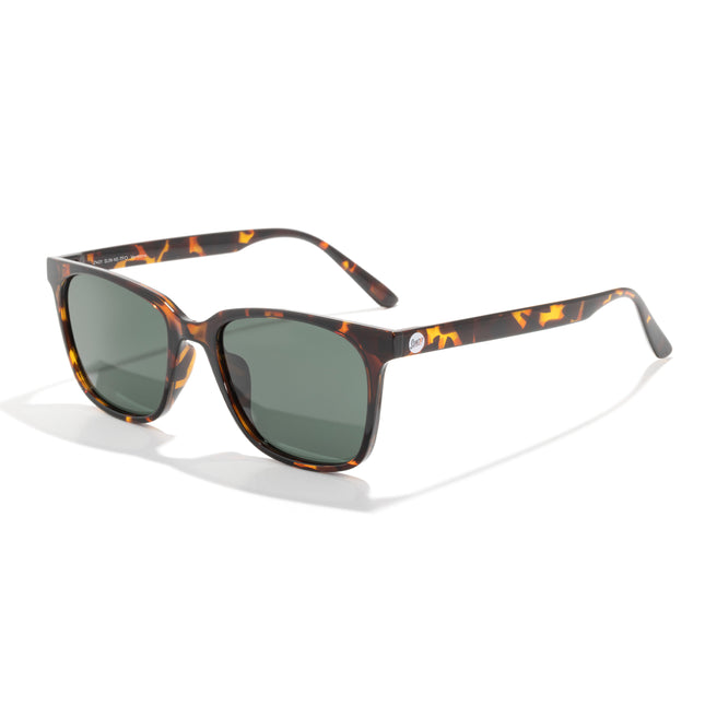 Sunglasses with tortoiseshell frame and dark lenses on a white background
