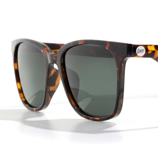 Sunglasses with tortoiseshell frame and dark lenses on a white background