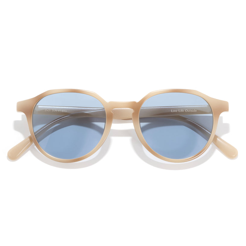 Sunglasses with beige and white frame on a white background