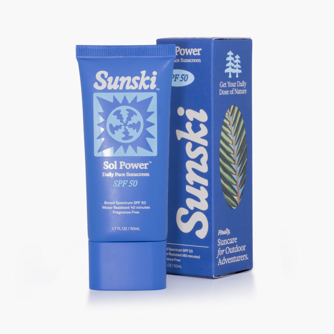 Sunski Sol Power sunscreen tube and packaging on a white background