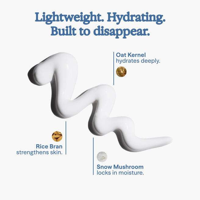 Product with text highlighting features like 'Lightweight', 'Hydrating', and 'Built to disappear'.