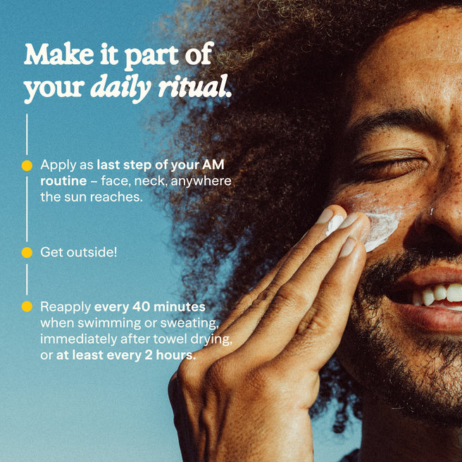 Person applying sunscreen with text on a blue background