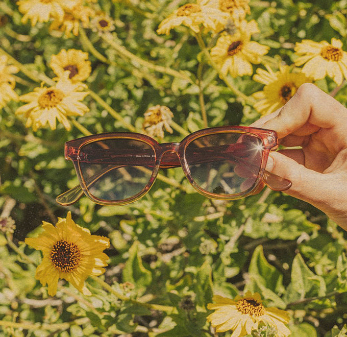 sunski sunglasses with flowers in the background