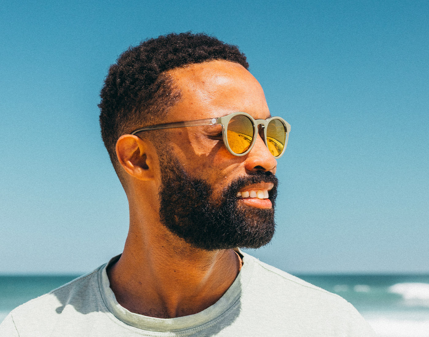 man wearing dipsea sunglasses at the beach