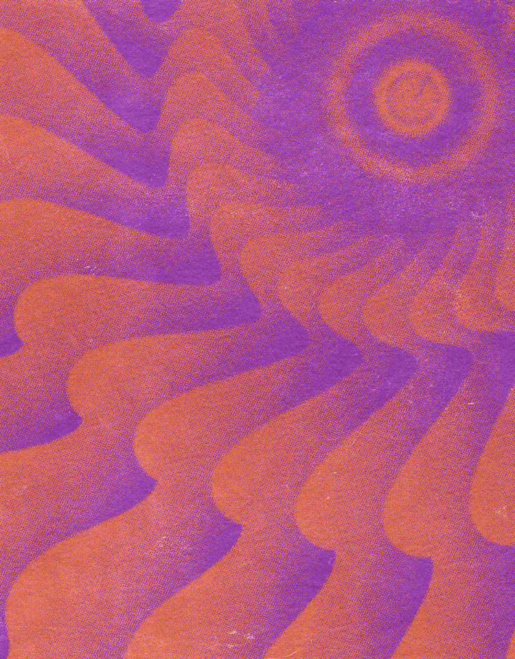 Abstract pattern with wavy lines and a central circle on a purple and orange gradient background