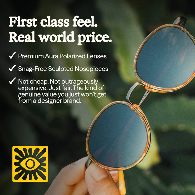 Sunglasses held by a hand with promotional text about product features and value.