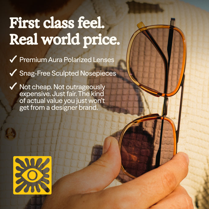 Sunglasses held by a hand with promotional text about premium lenses and value.
