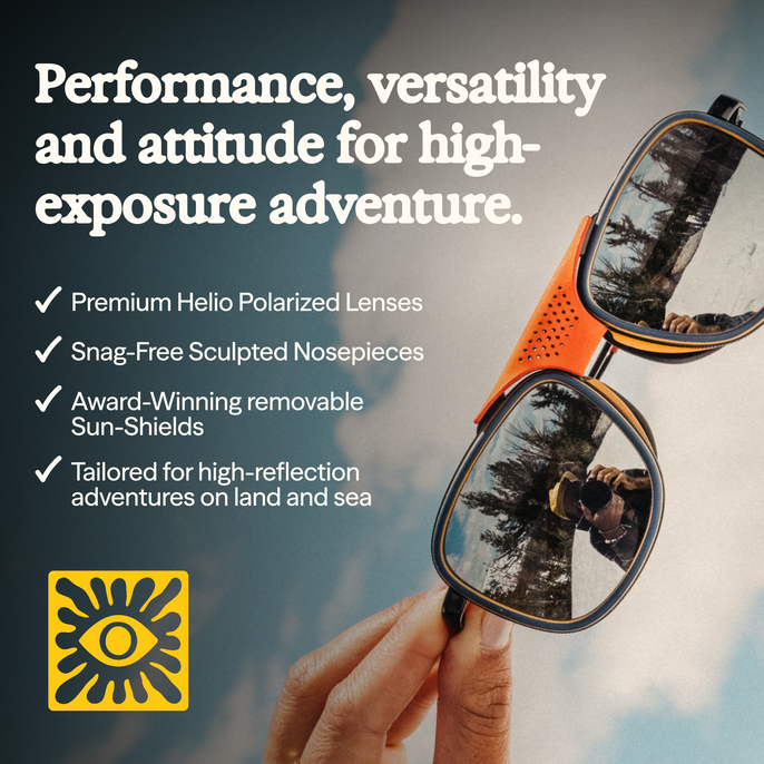 Sunglasses with text highlighting features and an eye logo on a blurred outdoor background