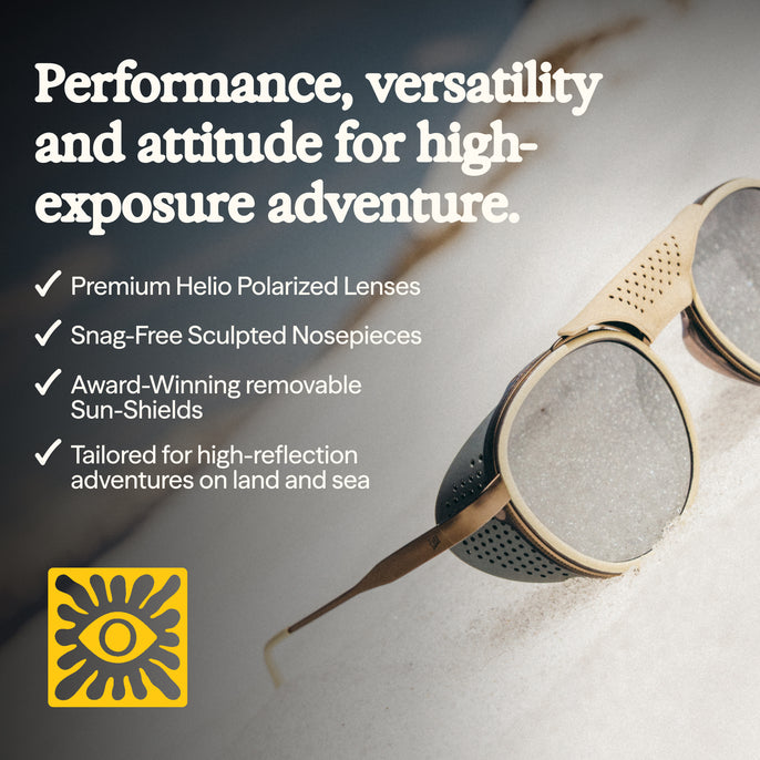 Sunglasses with text highlighting features on a gray background
