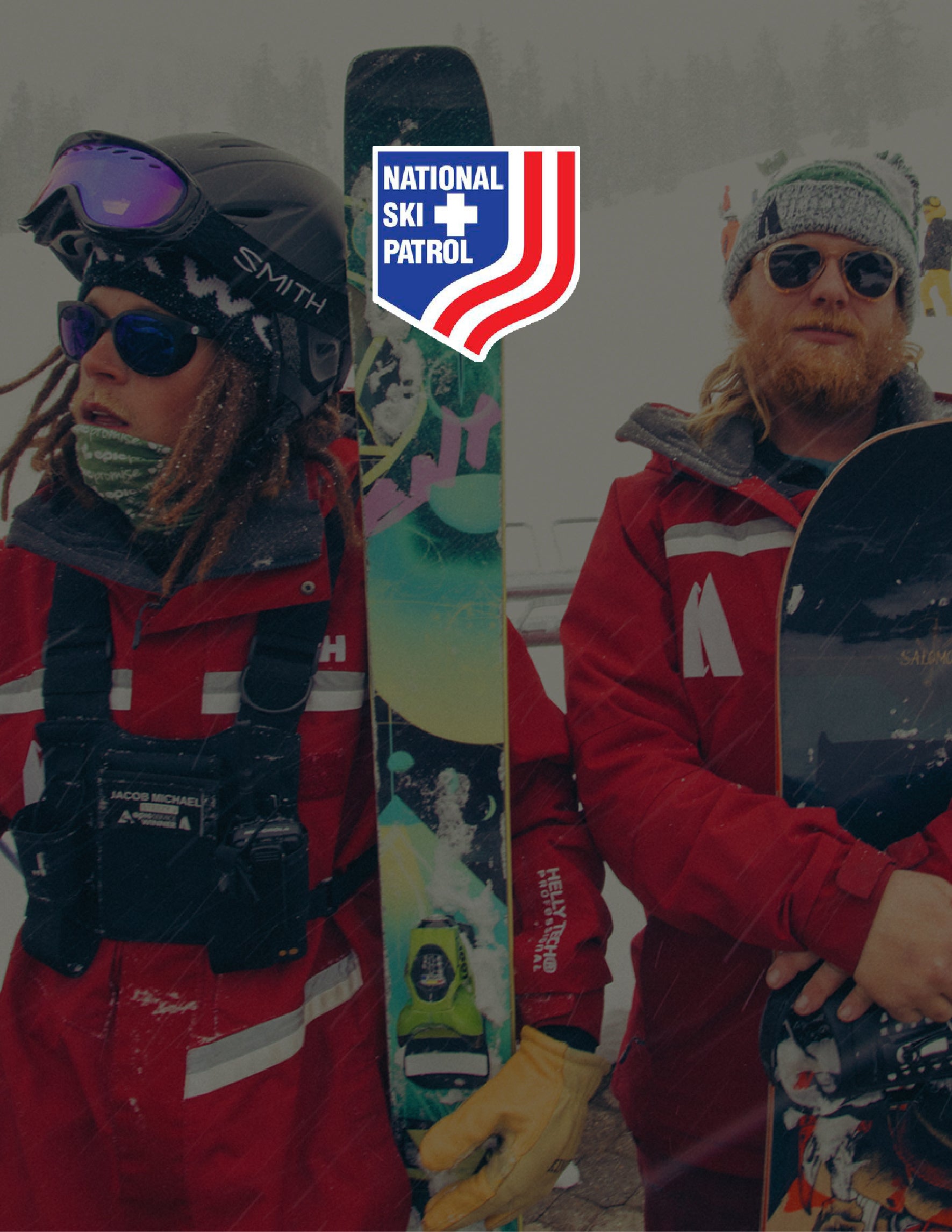 Two individuals in ski patrol gear with colorful snowboards, featuring the National Ski Patrol logo.