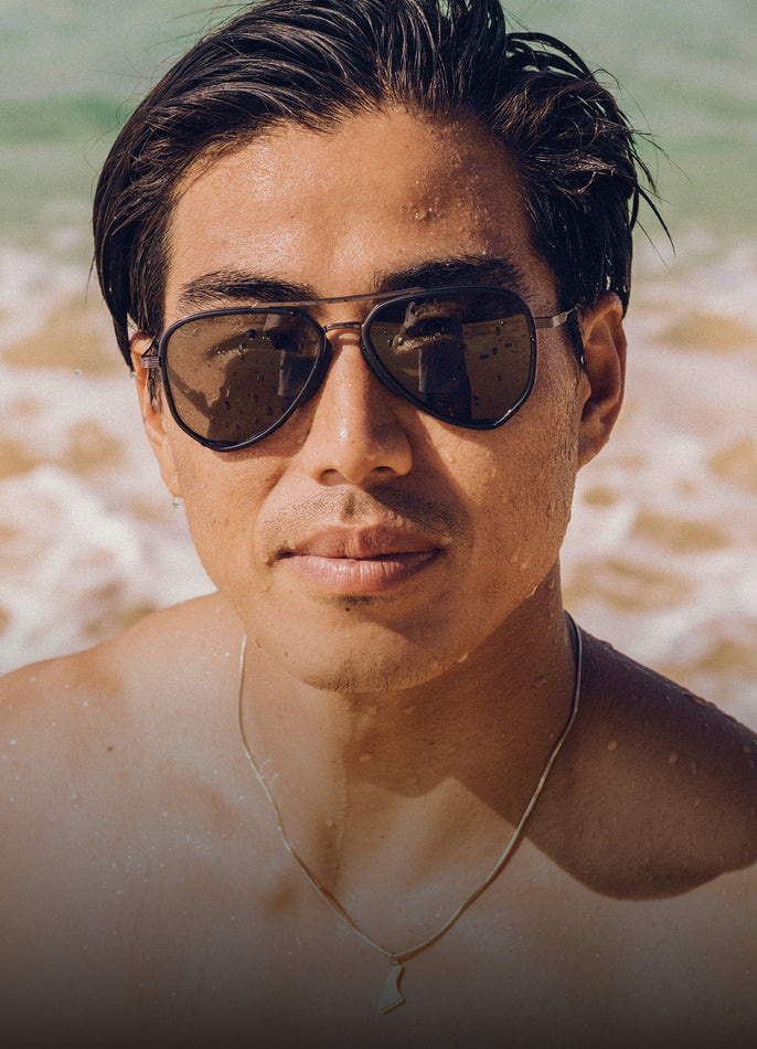 Man wearing sunglasses with a beach background