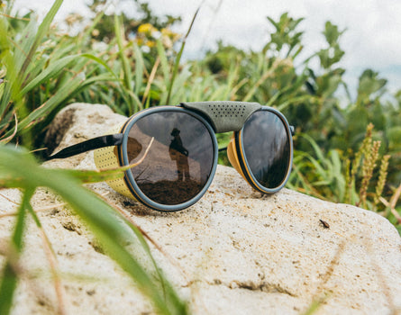Sunglasses with reflective lenses on a rock with greenery in the background