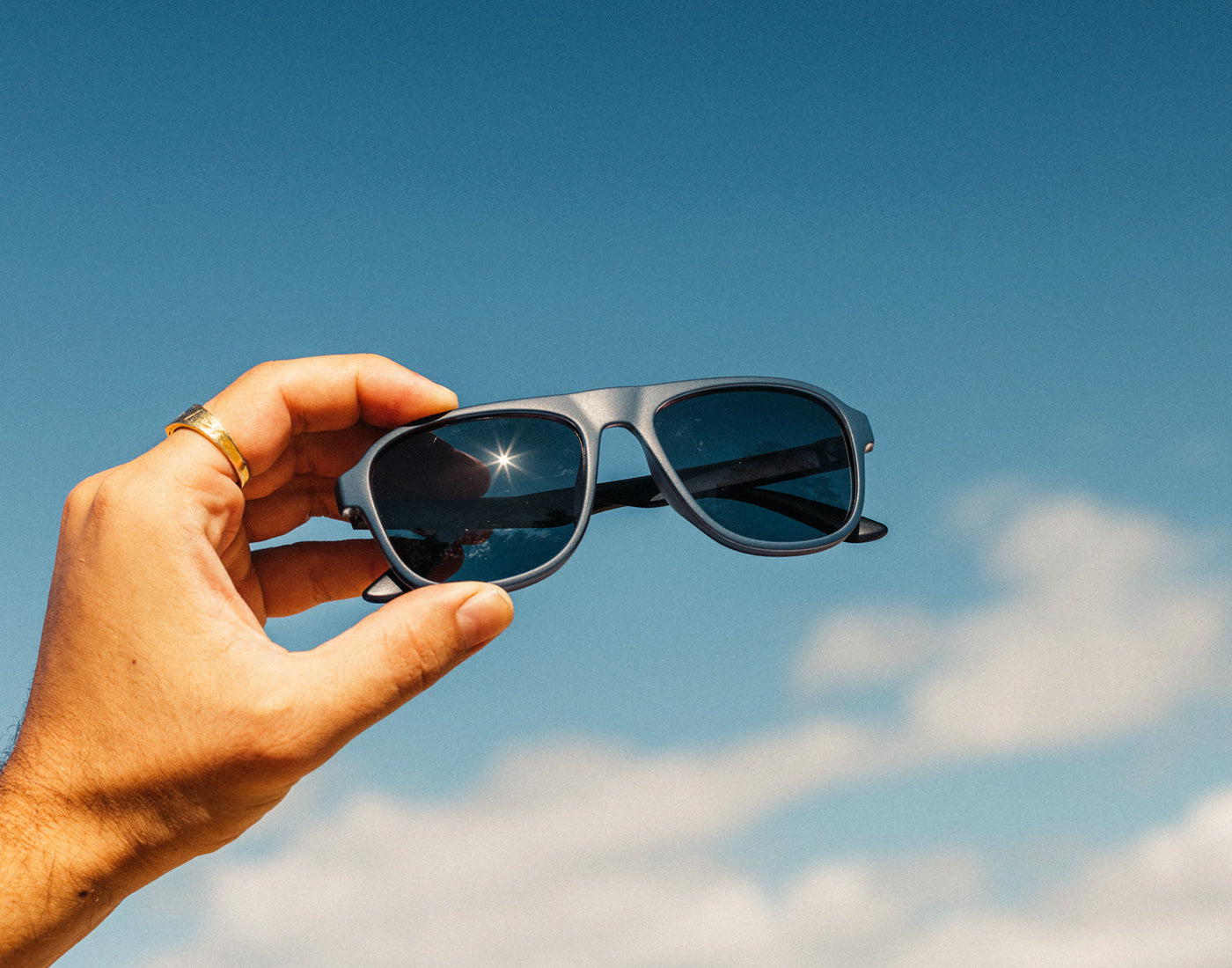 hand holding sunski shoreline sunglasses in the sky