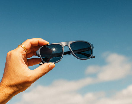 hand holding sunski shoreline sunglasses in the sky