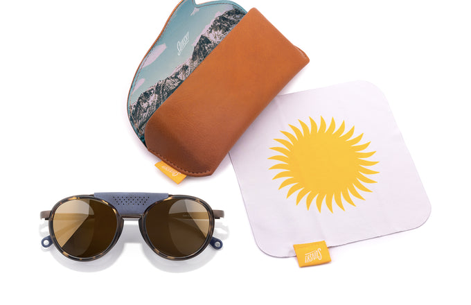 sunski strada tortoise gold laydown with sunglasses and case