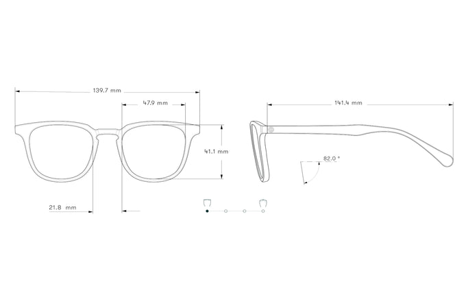 Technical drawing of a pair of sunglasses with dimensions on a white background